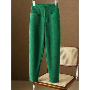 綠色燈芯絨褲子女秋冬新款高腰顯瘦小腳加絨加厚雪尼爾哈倫褲大碼