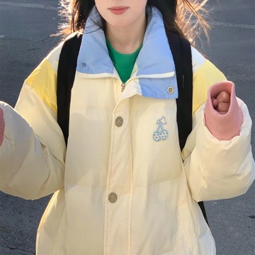 棉衣女冬季新款櫻桃刺繡小眾撞色寬松顯瘦甜妹休閑加厚棉服外套潮