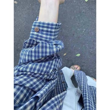 藍色格子條紋長袖襯衫2026新款女春秋襯衣小個子外搭法式復古外套