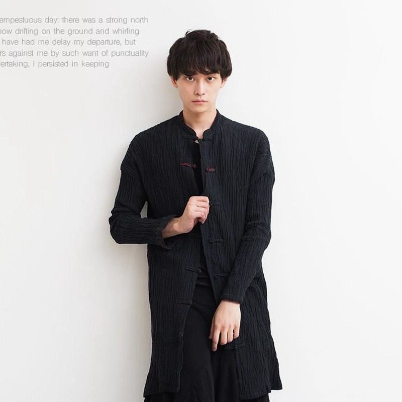 シャツ メンズ ロングシャツ しわ加工 中華風 トップス ロング丈