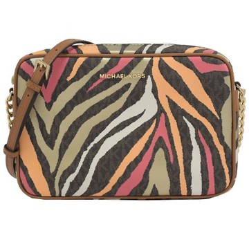 MICHAEL KORS JET SET TRAVEL 彩色印花拉鍊斜背方包.深咖