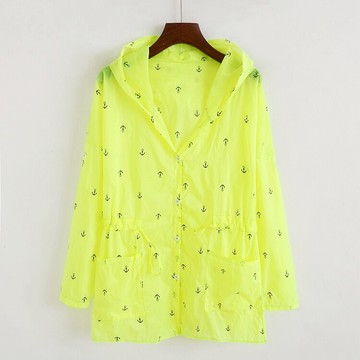 夏季女士印花船錨系帶收腰防曬衣 寬松長袖連帽紐扣開衫上衣服