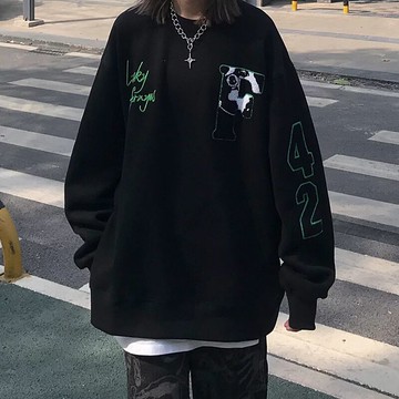 復古撲克牌美式衛衣女街頭年新款刺繡高街潮寬松套頭圓領上衣