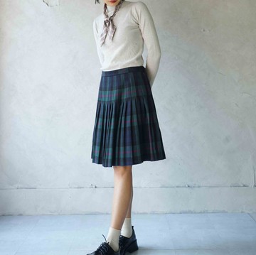 尋寶古著-Brooks brothers英倫風綠格紋毛料百褶裙
