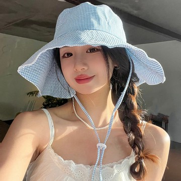 【限時下殺】#漁夫帽#嚴選【顯臉小】韓系ins小格紋大檐漁夫帽子女春夏慵懶登山帽小衆設計顯臉小創新