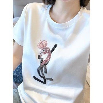 歐貨2025夏季新款重工珠繡字母短袖棉T恤女圓領百搭顯瘦體恤上衣