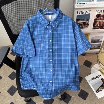 藍色短袖襯衫男街頭寬松百搭日系大碼男款格子少年感休閑襯衣外套