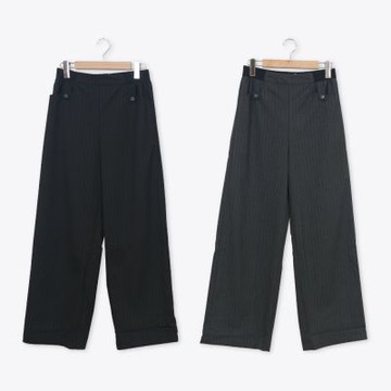 【CUMAR】條紋口袋釦飾鬆緊腰直筒褲 黑 灰