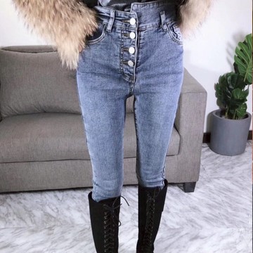 藍色2021夏季新款高腰牛仔褲女彈力緊身小腳褲顯瘦百搭修身鉛筆褲