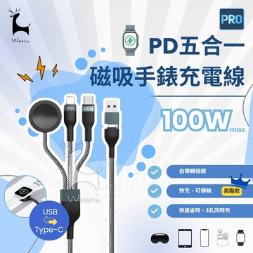 【萬用多合一】五合一編織快充線 PD100W 快速充電 USB type-c iphone apple watch 手錶充電 二對三 多功能充電線