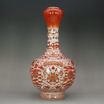 大清乾隆年制釩紅描金蒜頭瓶 古董古玩 手工手繪 精品 高仿古瓷器