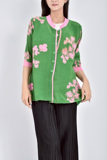 (L) 排扣七分袖花卉粉綠色外套