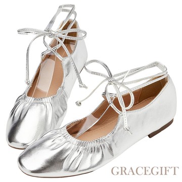 【Grace Gift】法式交叉綁帶蝴蝶結平底瑪莉珍鞋 銀