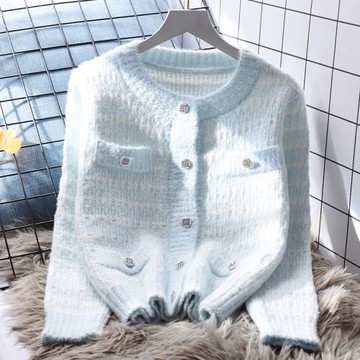 藍色小香風短款毛衣外套女寬松外穿秋冬2023新款日系甜美針織開衫