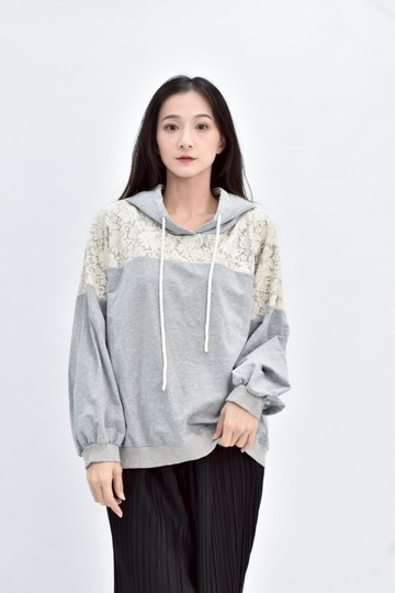 加購優惠(XL)  蕾絲連帽灰色長袖上衣