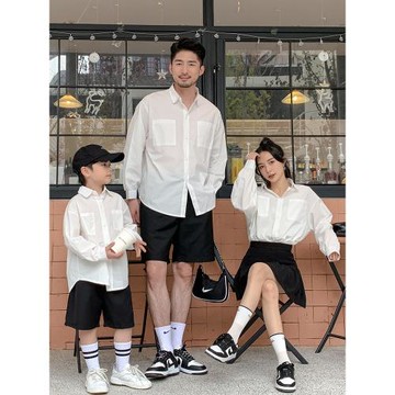 親子母女裝春秋一家三口高端母子2025新款全家白色長袖襯衫拍照服