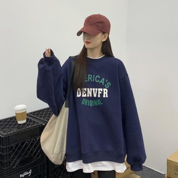 寶藍色假兩件衛衣女春秋薄款2025新款爆款寬松秋冬加絨中長款外套