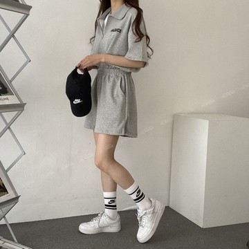 短袖運動服拉鏈套裝女短褲polo翻領兩件套棉時尚休閒寬松夏季