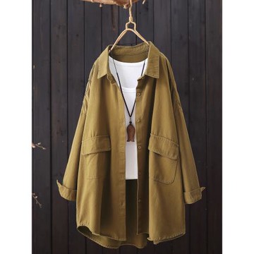 中長款純色休閑長袖襯衫女秋季2025年新品慵懶風寬松開衫薄外套女