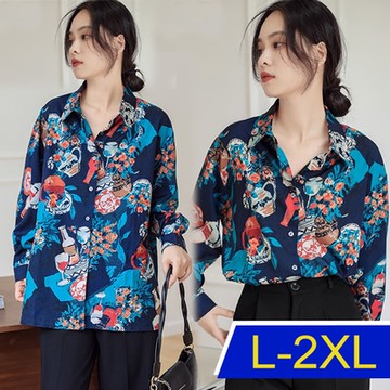 【韓國K.W.】法式設計外出滿版印花白色之戀襯衫上衣外套(防曬/長袖襯衫/長袖上衣/格紋/薄外套)