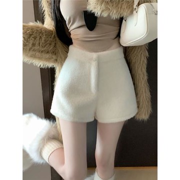 白色加厚水貂絨休閑短褲女外穿秋冬高腰A字闊腿褲毛絨絨辣妹靴褲
