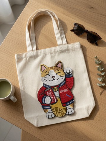 客製刺繡招財貓托特包 可口可樂幸運貓帆布袋 招財貓手提袋 生日