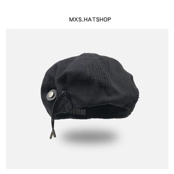 暗黑風八角貝雷帽子男女潮牌掛繩磨毛設計嘻哈街頭時尚復古畫家帽