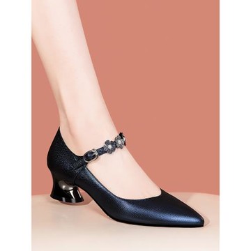 真皮中跟單鞋女粗跟2025新款春夏百搭配裙子女鞋水鉆一字扣小皮鞋