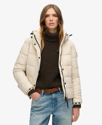 Superdry Women's Women's Faux Fur Short Hooded Puffer Jacket Beige / Rainy Day Grey - Size: 16 Size: 12