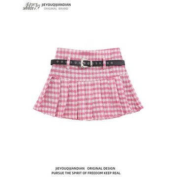 vintage格子百褶裙女學院風送腰帶小眾高腰顯瘦a字防走光半身短裙