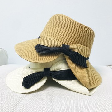 ins優雅可折疊開叉蝴蝶結漁夫帽女夏天復古百搭沙灘防曬遮陽草帽1入