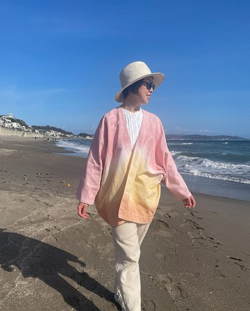 日本手工染色 Tropical Haori jacket 寬鬆身寬 涼爽著感 泥染立陶宛亞麻羽織式開襟衫 Relax