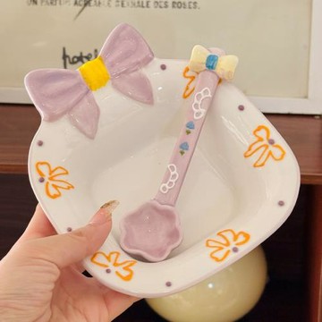 釉下彩可愛蝴蝶結陶瓷四方碗家用餐具兒童吃飯碗湯碗甜品碗沙拉碗