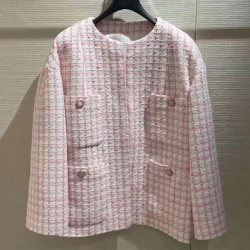 依夏爾 戳中少女心！22春夏淡粉色格紋名媛粗花呢小香風外套女