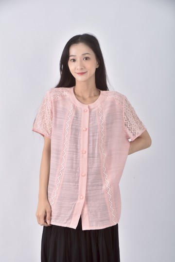 (L) 蜜雪兒棉質圖紋粉色襯衫上衣