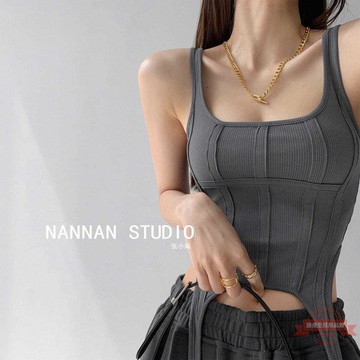 歐美魚骨顯瘦束身背心不規則掛鉤別致打底衫外穿方領無袖上衣