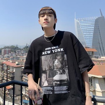 夏季薄款印花短袖男高級感潮牌速干t恤chic港味復古上衣情侶體恤