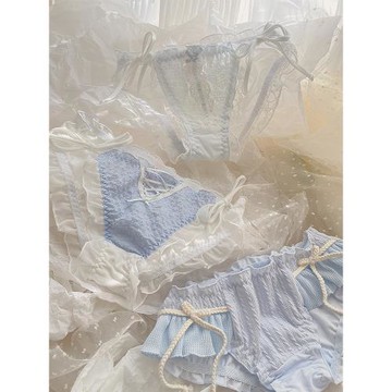 沁沁奶藍~純欲蕾絲性感少女短褲組合純色透氣甜美蝴蝶結女士內褲