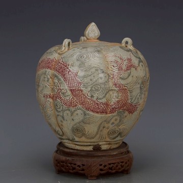 元青花釉里紅海水龍紋三系南瓜罐 仿古出土瓷器舊貨古玩家居裝飾