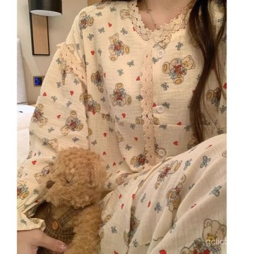 純棉韓係可愛小熊花邊長袖睡衣女春秋新款網紅卡通休閒居家服套裝秋冬睡衣 長袖長褲女睡衣 大碼寬鬆居家服 ins風甜美睡衣