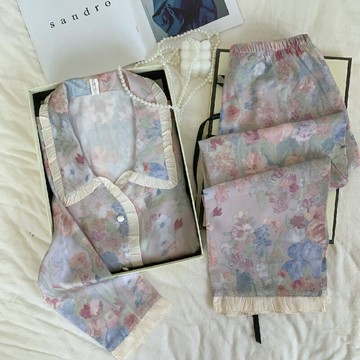 現貨+預購 女絲質居家睡衣套裝緞面絲綢冰絲睡衣薄款長袖睡衣睡褲-繁花似錦文藝印花74kl10【獨家進口】【米蘭精品】