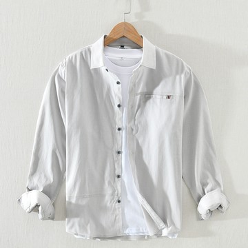 簡約一字口袋 時尚黑扣休閒長袖襯衫 / 純棉彈力萊卡 / 抗皺免燙/ 商務襯衫 / 4色 / M-4XL / 大尺碼【QTJBY1808】