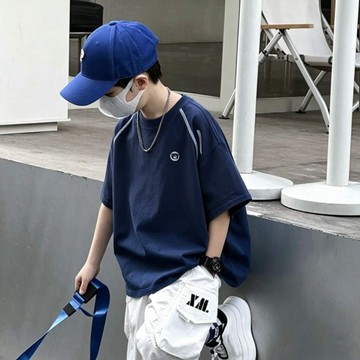 【臺灣出貨】兒童新款夏季無骨短袖T恤插肩撞色速幹打底運動中大童 上衣兒童上衣男女童運動上衣男童T恤