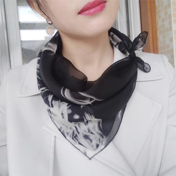 小方巾女絲巾桑蠶絲百搭春秋護頸紗巾薄款小絲巾時尚黑色真絲圍巾