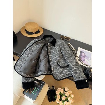 黑灰色翻領絲絨小香風羽絨服女冬季2025新款加厚羊毛粗花呢短外套