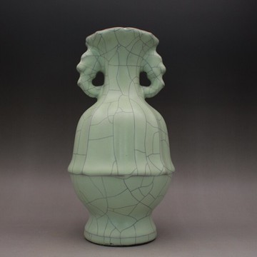 古玩瓷器宋官窯粉青釉雙耳花口瓶 裂紋釉 古董陶仿古瓷器收藏品