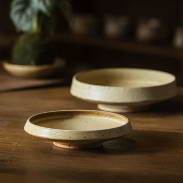 素火粗陶立邊盤餐盤復古黃色侘寂風窯變果盤菜盤茶點盤點心盤壺承
