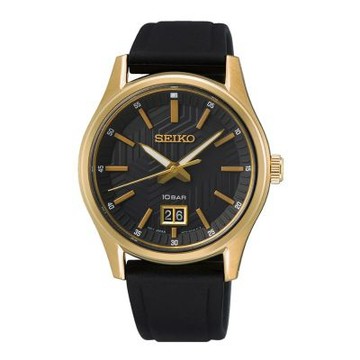 SEIKO 質感刻紋時尚矽膠腕錶-黑X金-SUR560P1