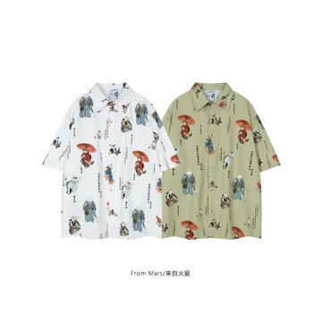 From Mars 貓咪百變 日系原宿風卡通印花休閑寬松男女短袖襯衫BF