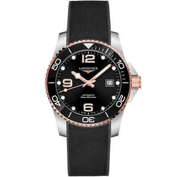 LONGINES 深海征服者浪鬼陶瓷潛水機械錶-黑x玫瑰金/41mm L3.781.3.58.9